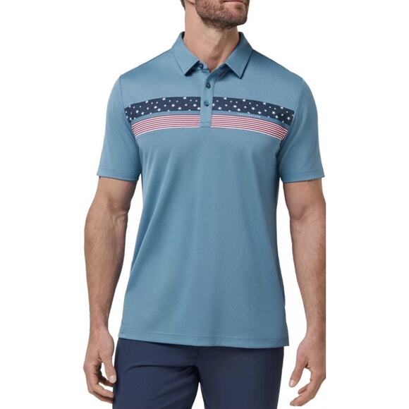 NWT Travis Mathew Good Good Patriot Golf Polo Shirt Men’s Sz Medium Blue Multi - Picture 1 of 9